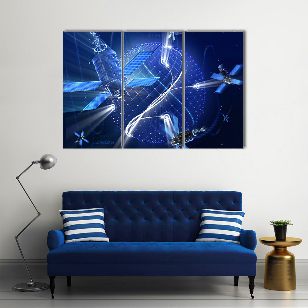 Surveillance Or GPS Satellite System On Earth In A High Technology Illustration Multi Panel Canvas Wall Art