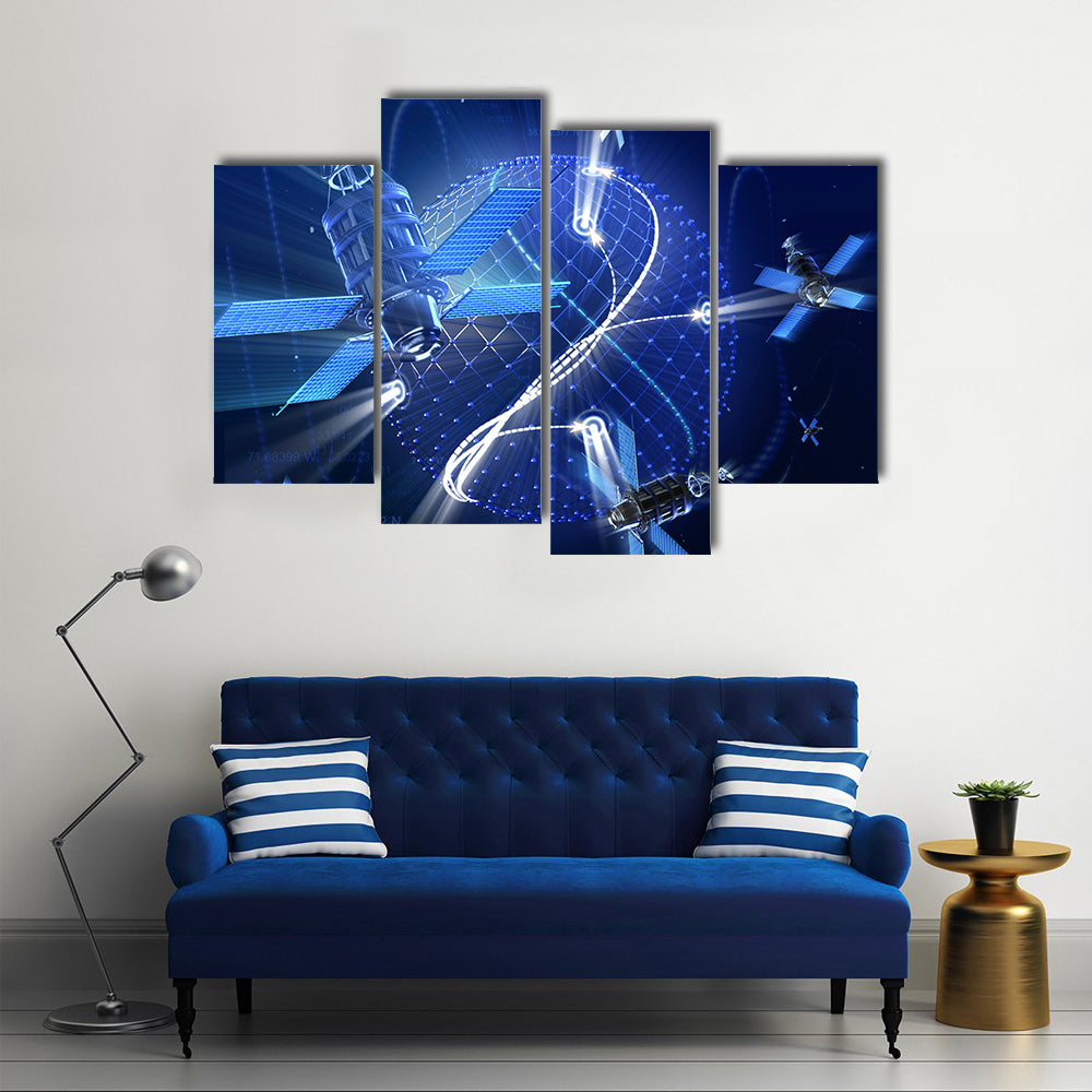 Surveillance Or GPS Satellite System On Earth In A High Technology Illustration Multi Panel Canvas Wall Art