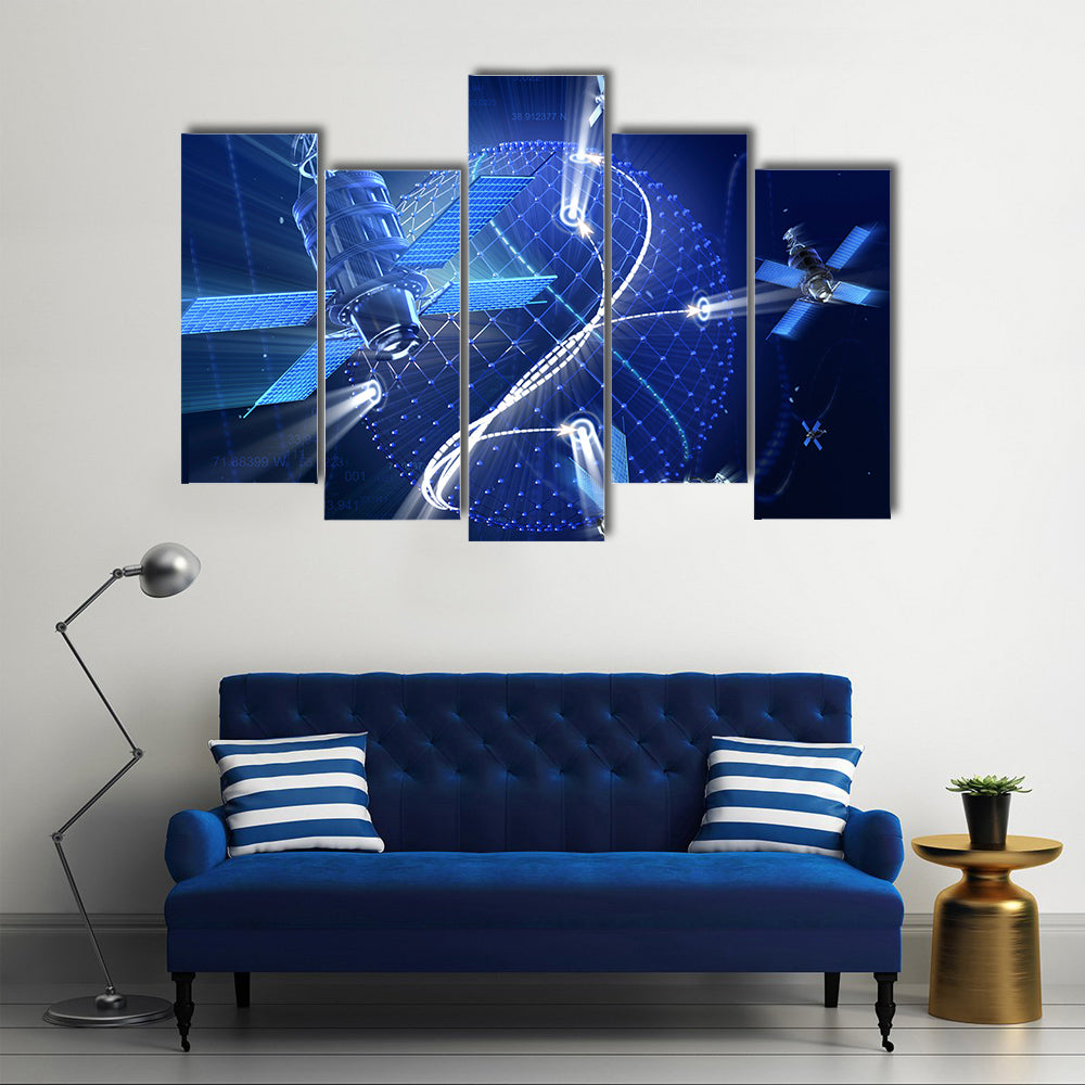 Surveillance Or GPS Satellite System On Earth In A High Technology Illustration Multi Panel Canvas Wall Art