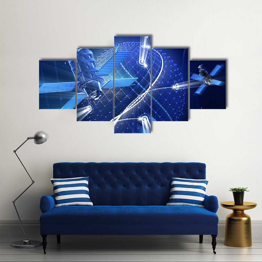 Surveillance Or GPS Satellite System On Earth In A High Technology Illustration Multi Panel Canvas Wall Art