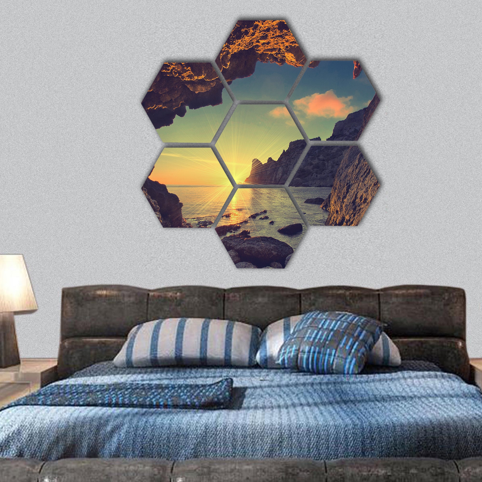 Beautiful landscape and sunset hexagonal canvas wall art