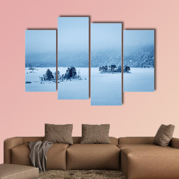 Image of a forest and Lake Eibsee with snow on a cold day in Bavaria wall art