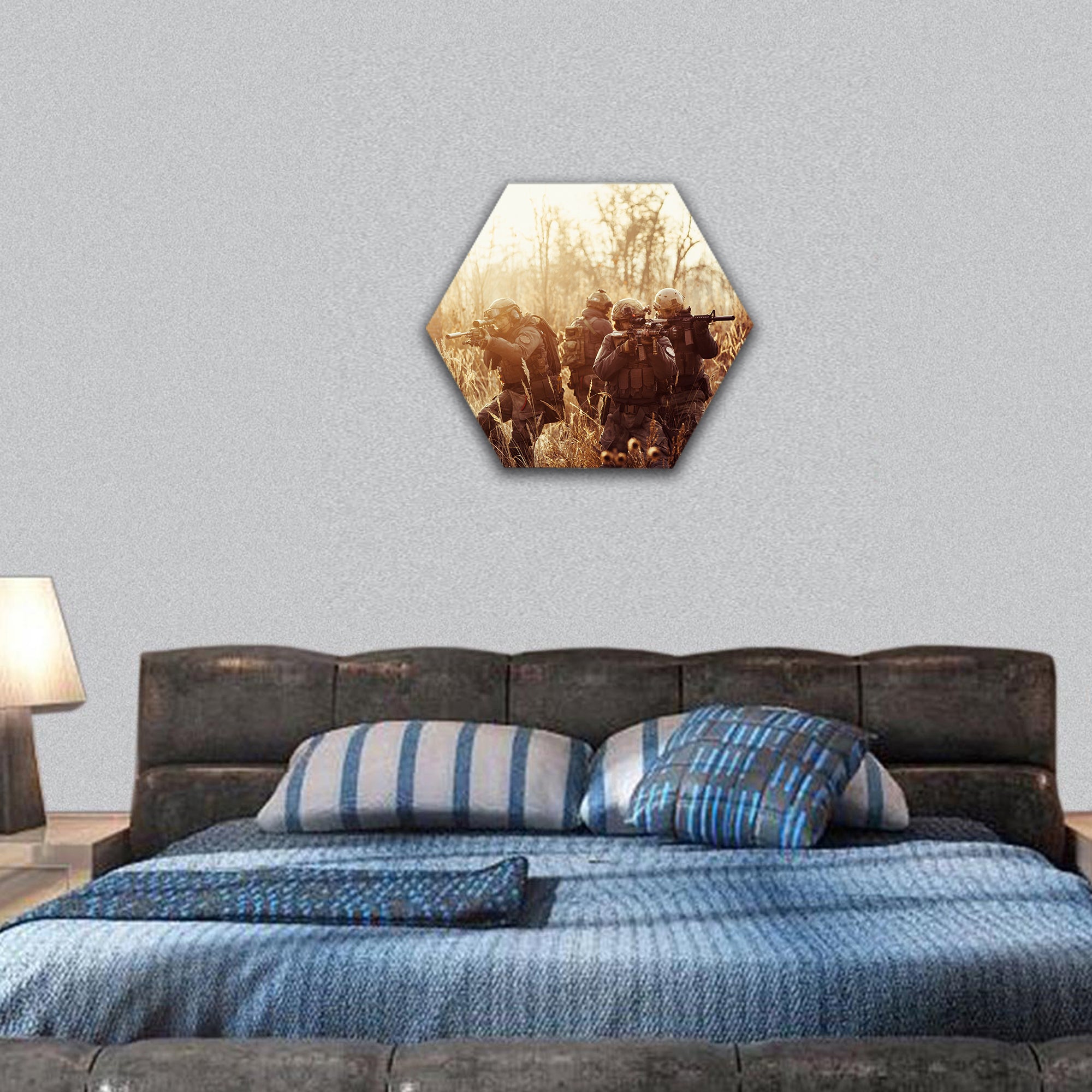 Rangers with a rifle aiming at a target hexagonal canvas wall art