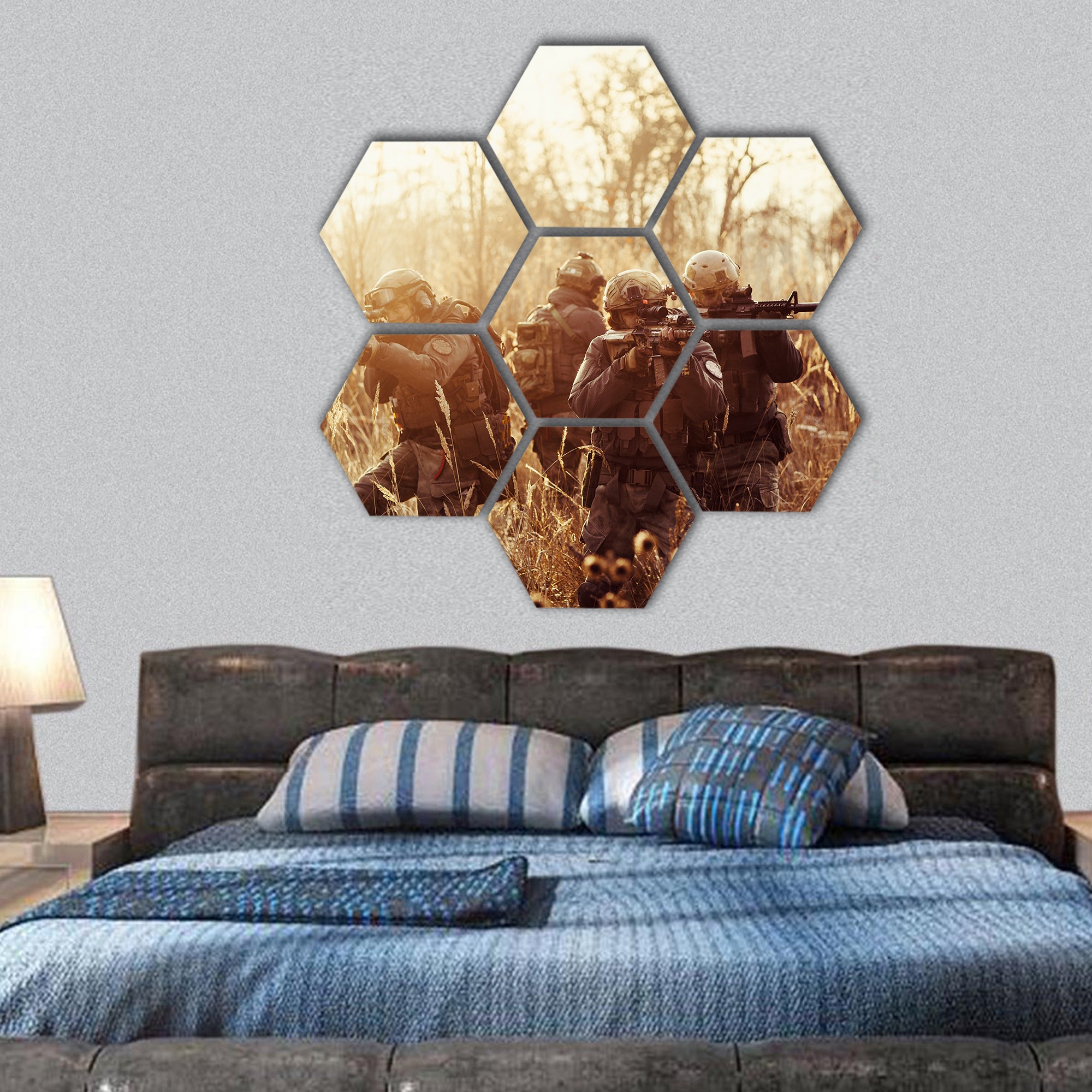 Rangers with a rifle aiming at a target hexagonal canvas wall art