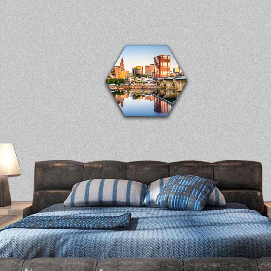 Hartford, Connecticut, USA downtown city skyline on river hexagonal canvas wall art