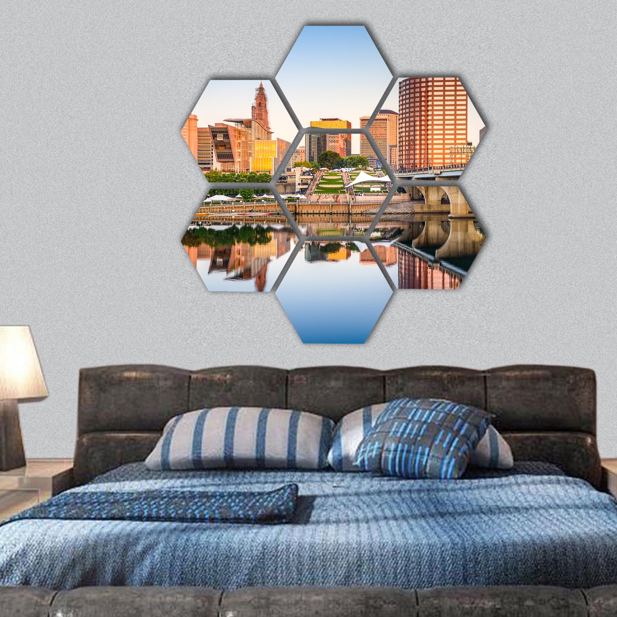 Hartford, Connecticut, USA downtown city skyline on river hexagonal canvas wall art