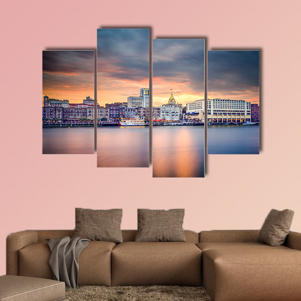 Savannah, Georgia, USA riverfront skyline. Multi panel canvas wall art