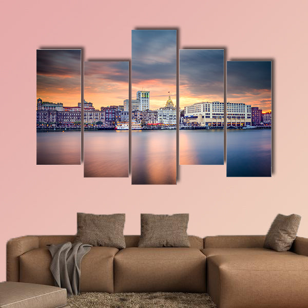 Savannah, Georgia, USA riverfront skyline. Multi panel canvas wall art