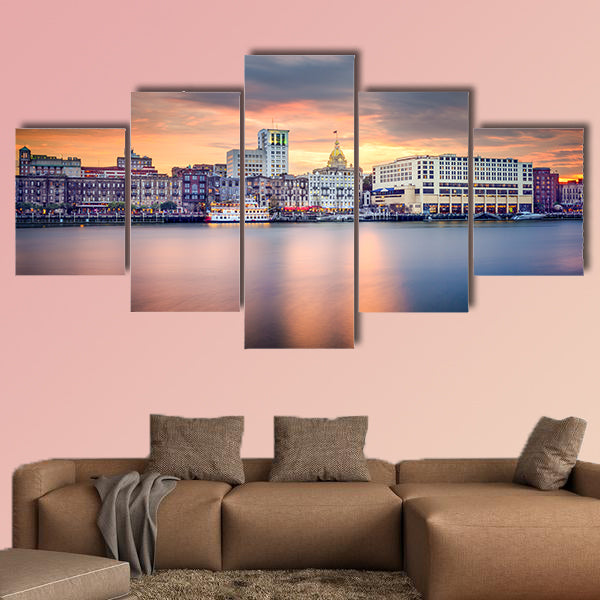 Savannah, Georgia, USA riverfront skyline. Multi panel canvas wall art