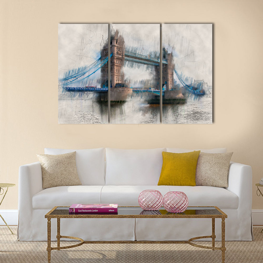 Artistic paint effect vintage view of London Tower Bridge crossing the River Thames with the drawbridge down for traffic Multi panel canvas wall art