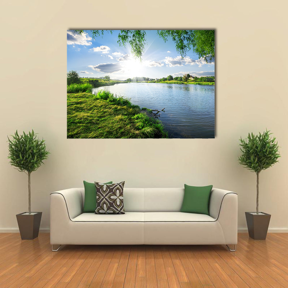 Sunny day on a calm river in summer multi panel canvas wall art