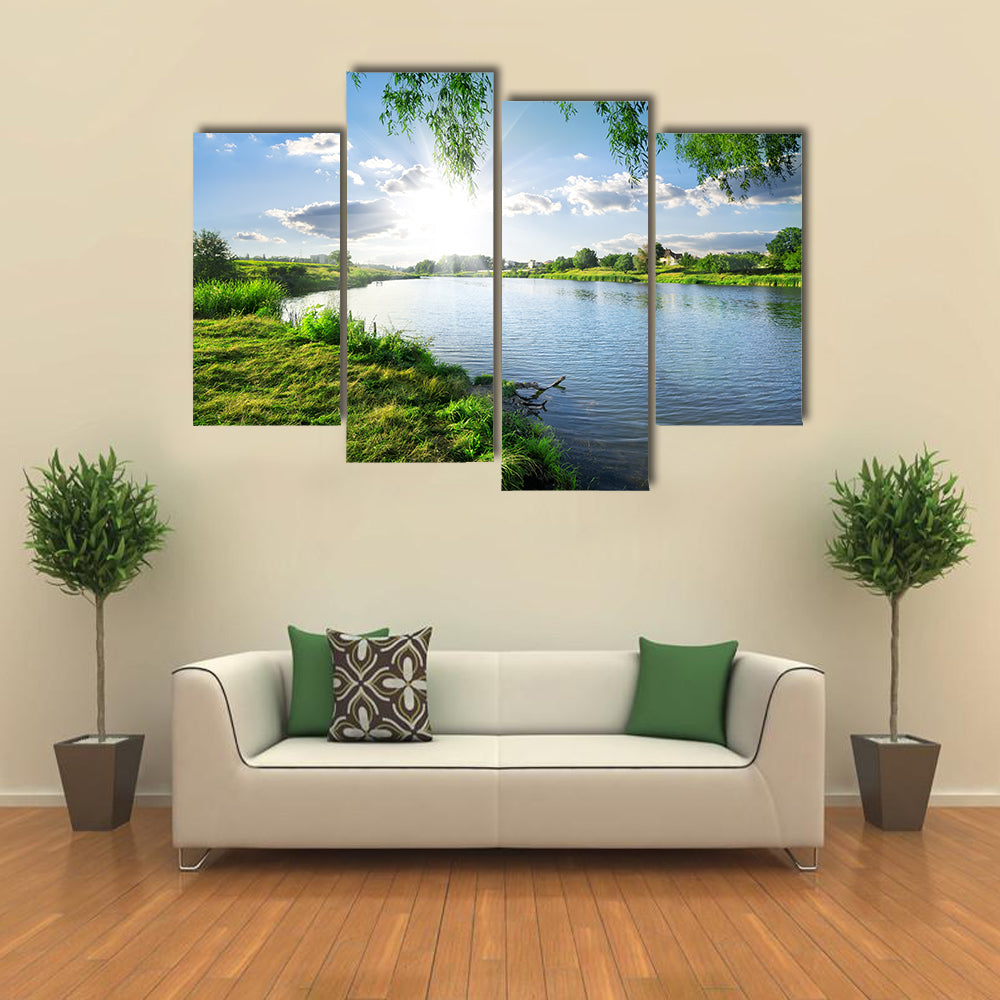 Sunny day on a calm river in summer multi panel canvas wall art