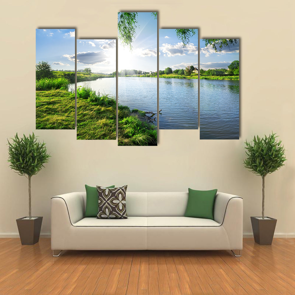Sunny day on a calm river in summer multi panel canvas wall art