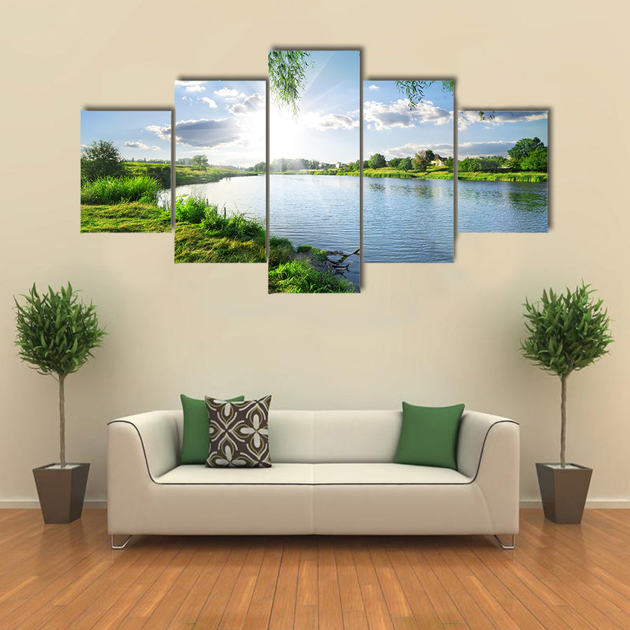 Sunny day on a calm river in summer multi panel canvas wall art