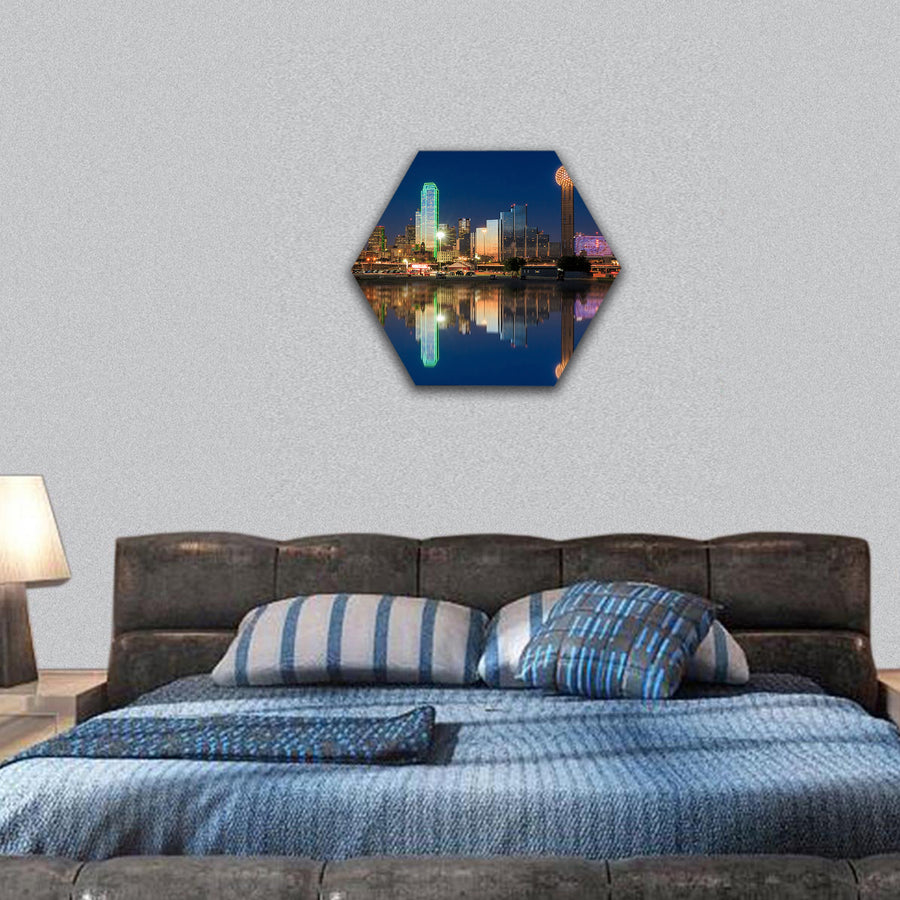 Dallas skyline reflected in Trinity River at sunset hexagonal canvas wall art