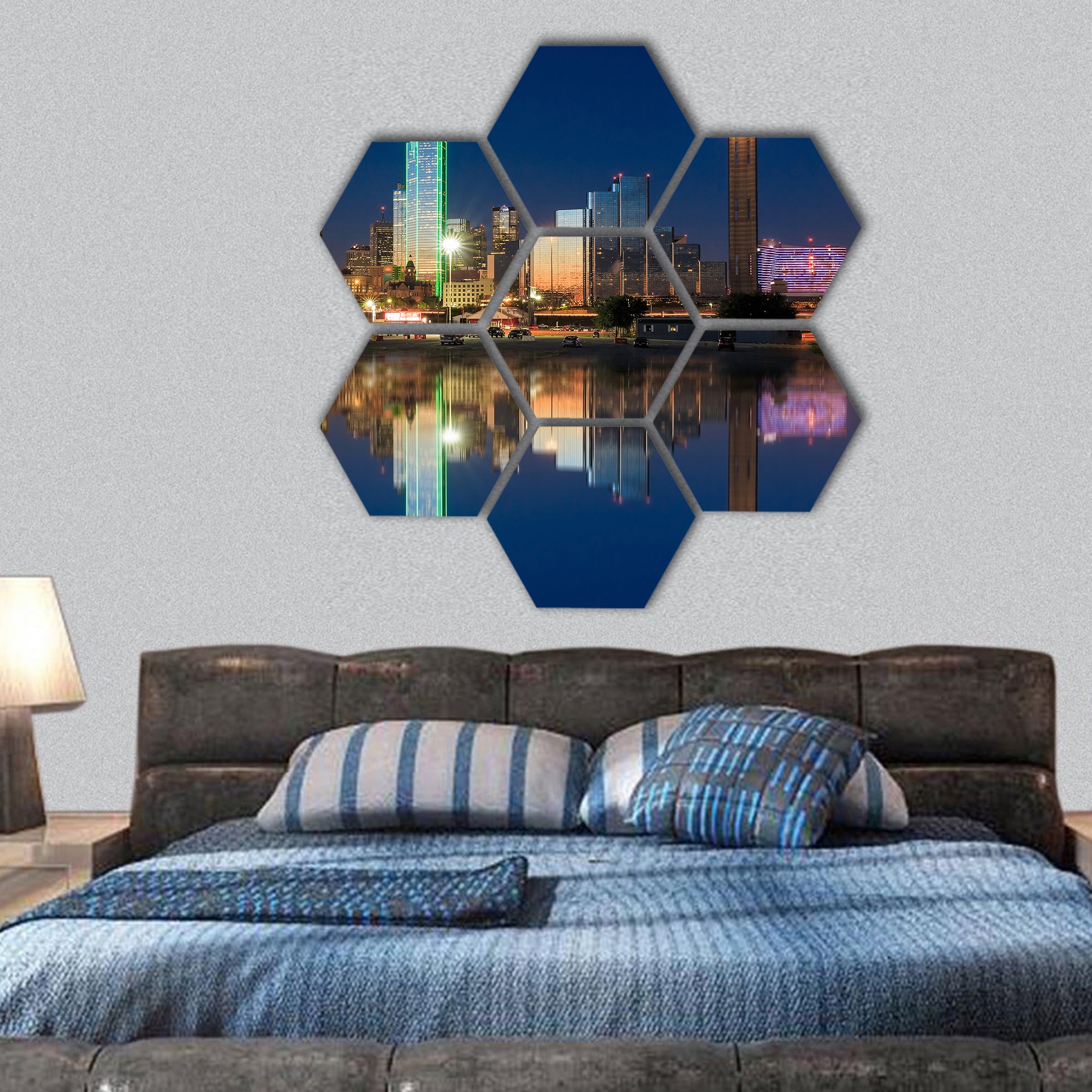 Dallas skyline reflected in Trinity River at sunset hexagonal canvas wall art
