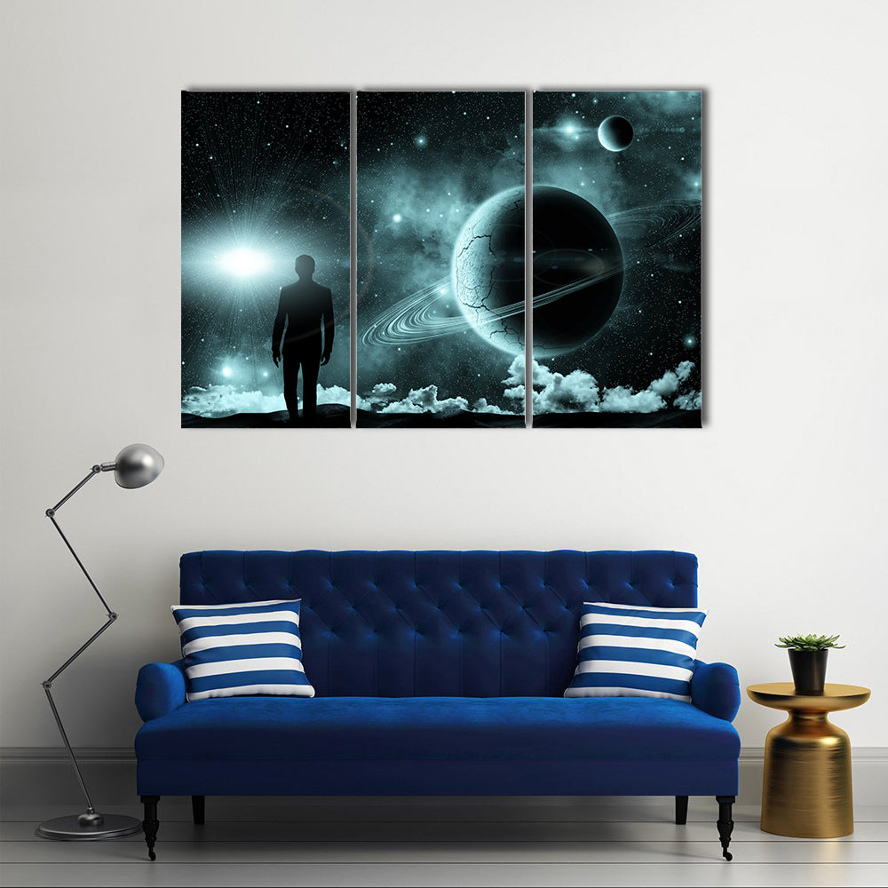 Man Conquering Cosmic Landscape Multi Panel Canvas Wall Art