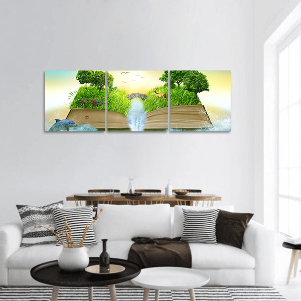 Grass trees and waterfall surround by ocean panoramic canvas wall art
