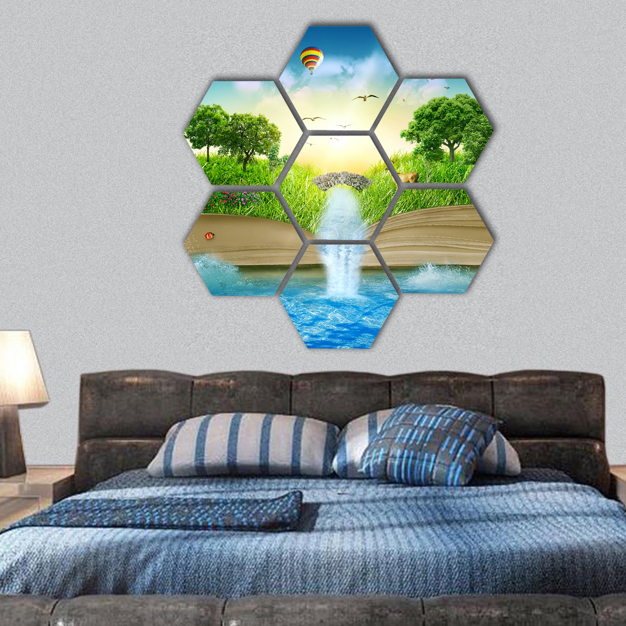 book covered with grass trees and waterfall by ocean hexagonal canvas wall art