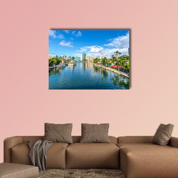 Luxury houses at the canal in Miami Beach with boats Multi panel canvas wall art