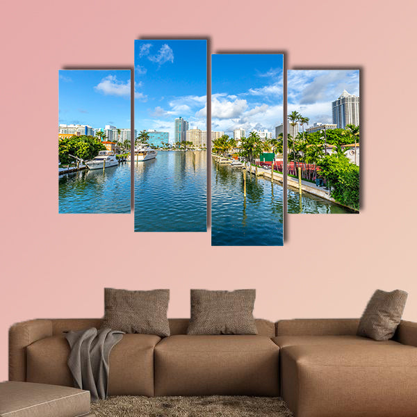 Luxury houses at the canal in Miami Beach with boats Multi panel canvas wall art