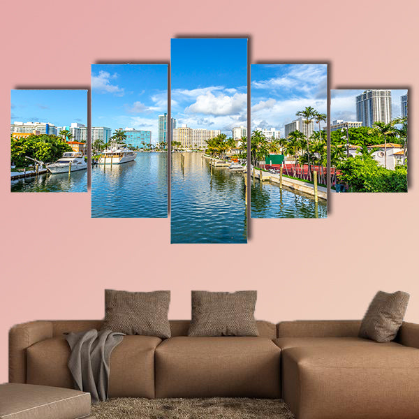 Luxury houses at the canal in Miami Beach with boats Multi panel canvas wall art