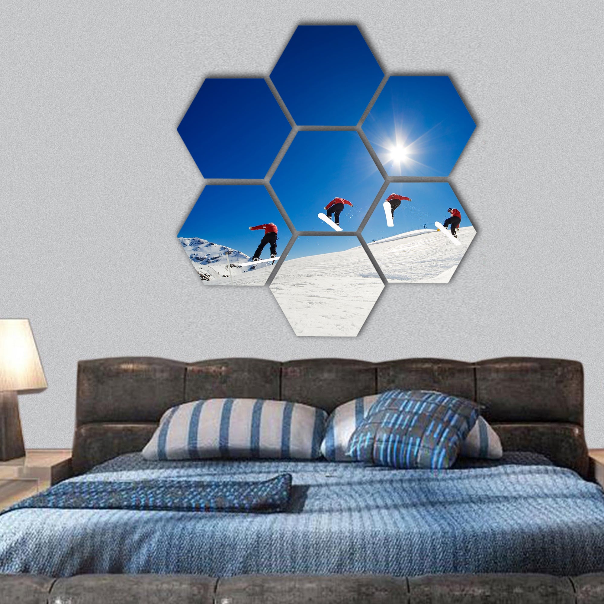 Sequence shot of snowboarder going over jump hexagonal canvas wall art