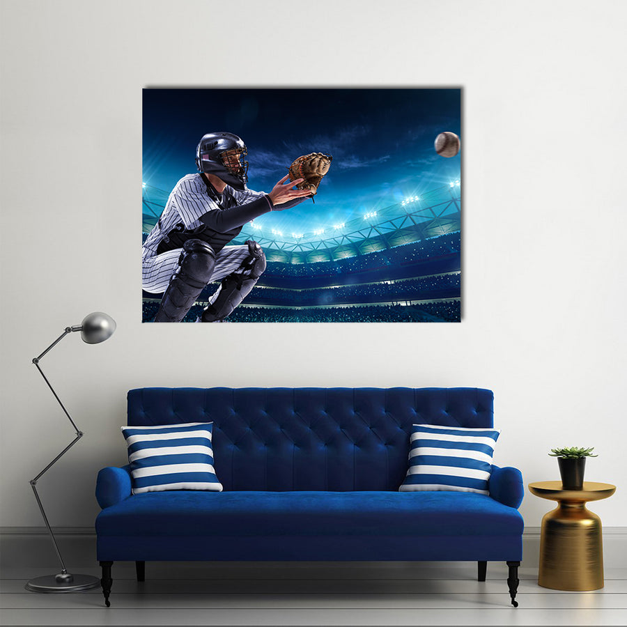 Professional baseball players on the grand arena in night Multi Panel Canvas Wall Art