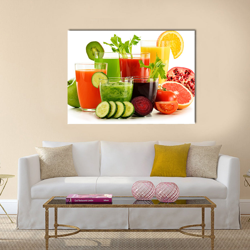 Glasses with fresh organic vegetable and fruit juices isolated on white, Detox diet, Multi panel canvas wall art