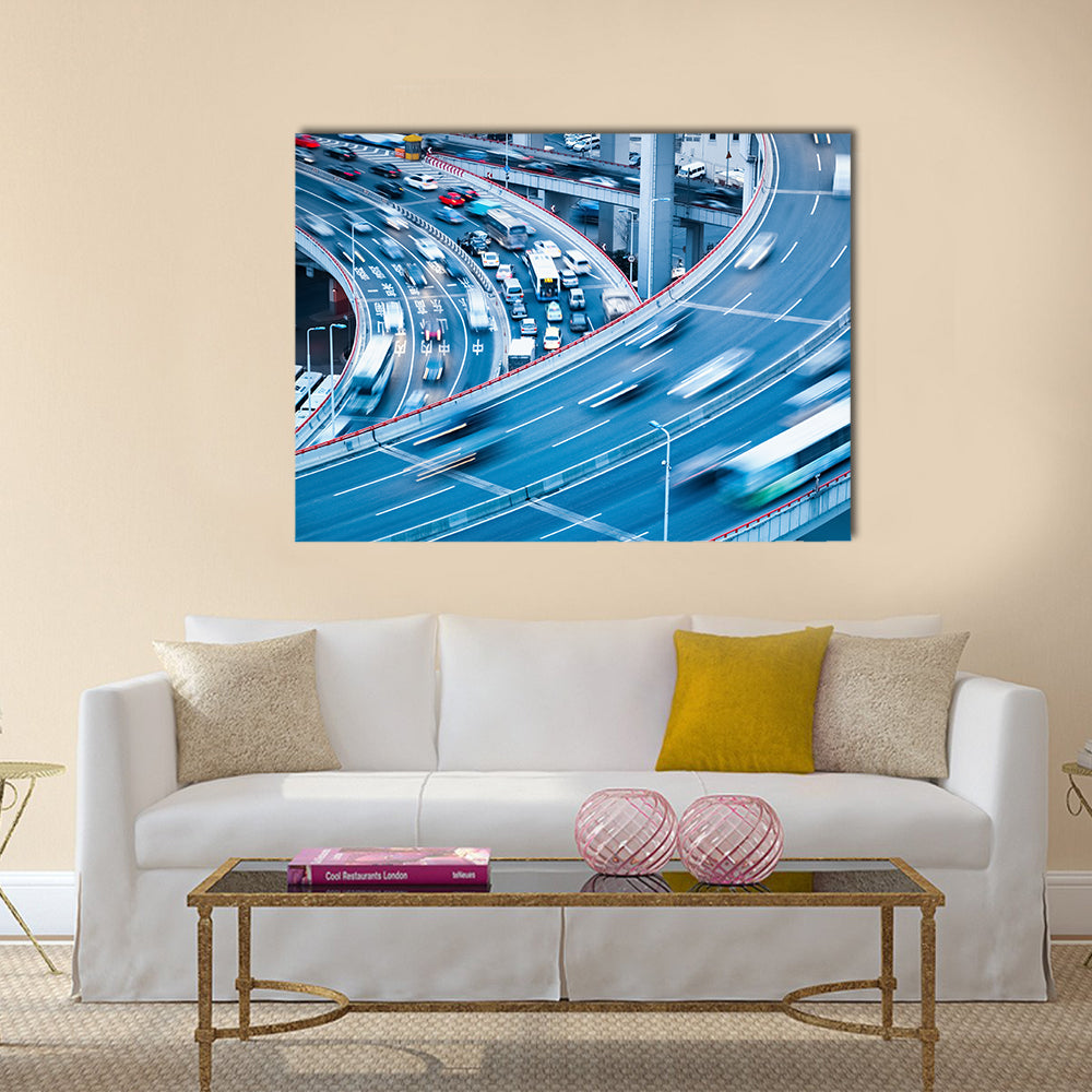 busy traffic motion blur with car accident on the interchange bridge multi panel canvas wall art