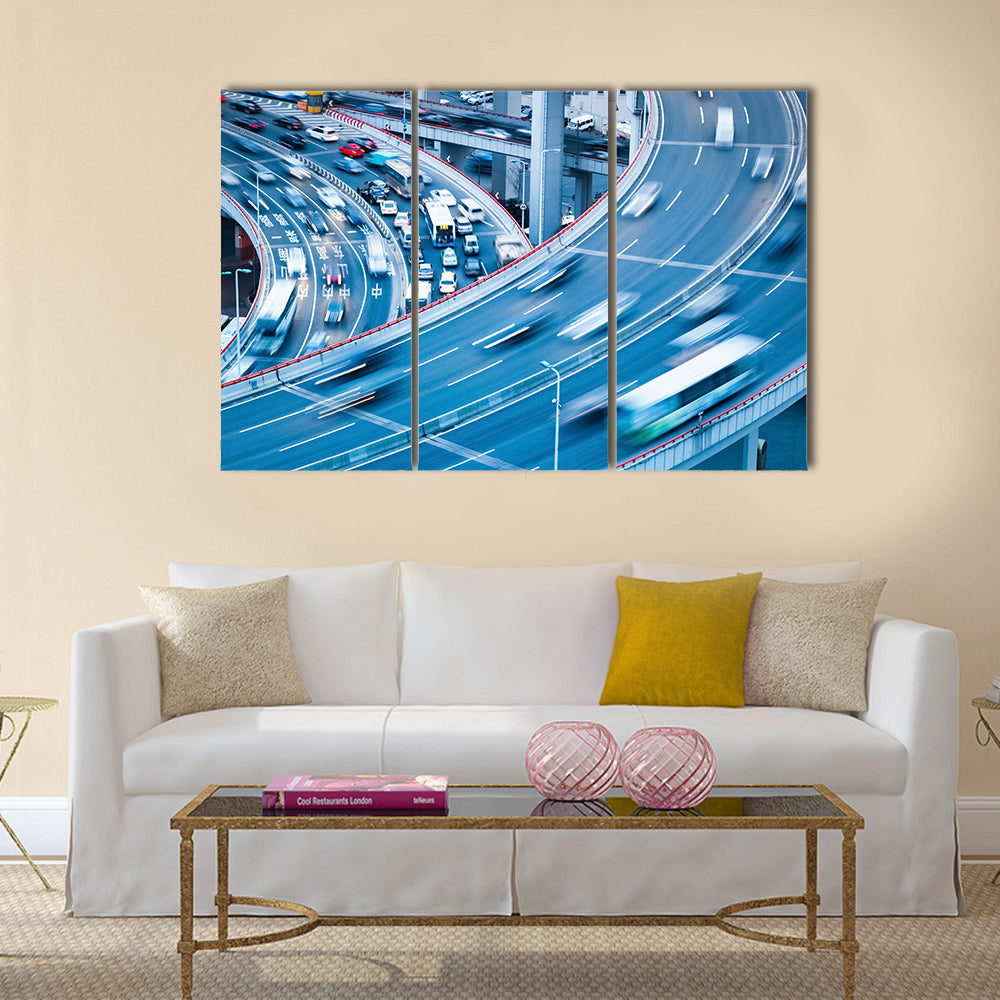 busy traffic motion blur with car accident on the interchange bridge multi panel canvas wall art
