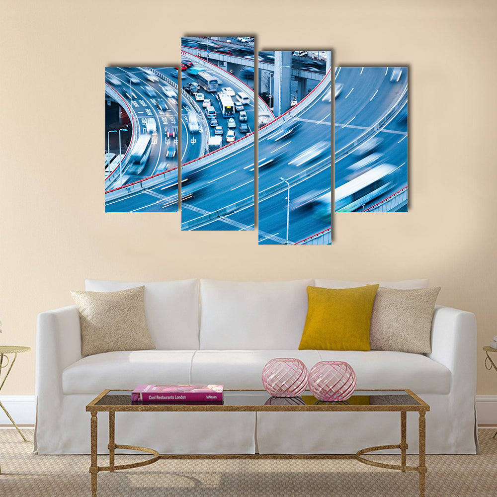 busy traffic motion blur with car accident on the interchange bridge multi panel canvas wall art