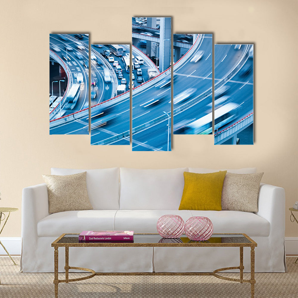 busy traffic motion blur with car accident on the interchange bridge multi panel canvas wall art