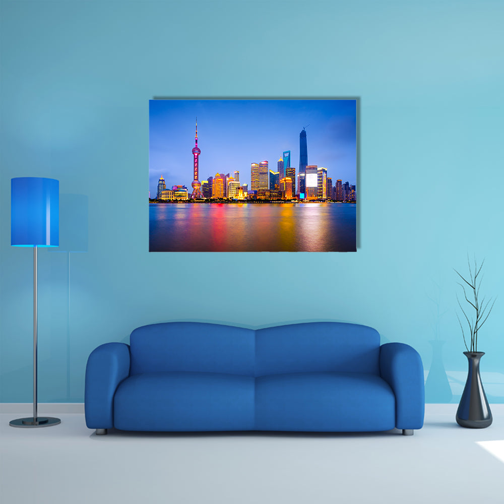 Shanghai, China city skyline on the Huangpu River multi panel canvas wall art