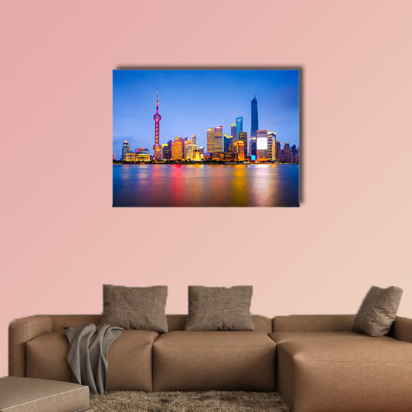 Shanghai, China city skyline on the Huangpu River multi panel canvas wall art