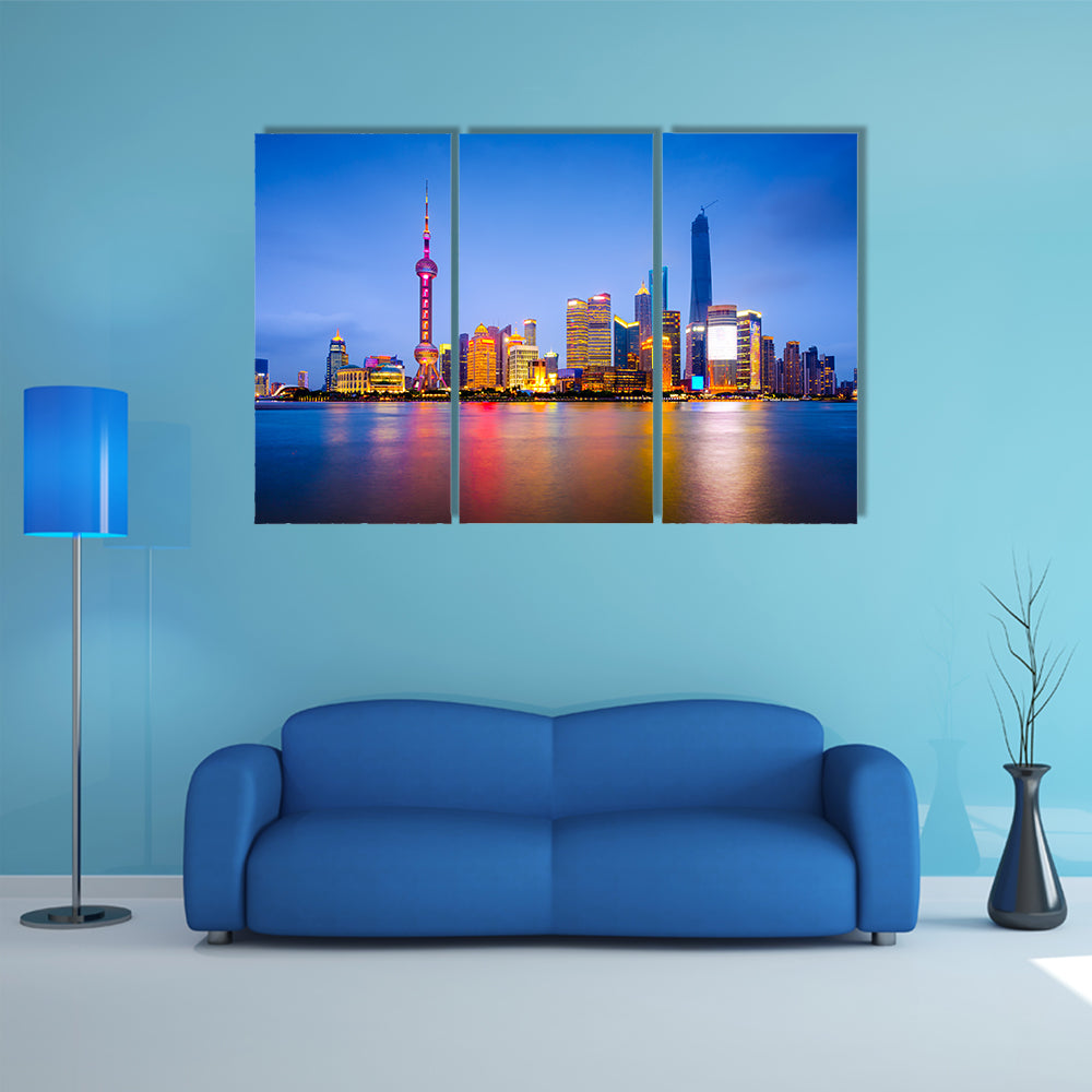 Shanghai, China city skyline on the Huangpu River multi panel canvas wall art