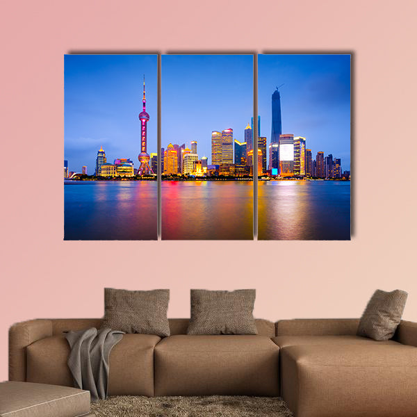 Shanghai, China city skyline on the Huangpu River multi panel canvas wall art
