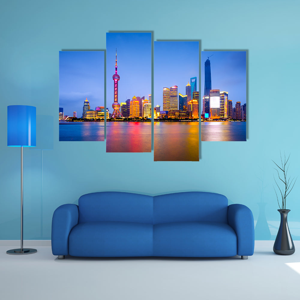 Shanghai, China city skyline on the Huangpu River multi panel canvas wall art