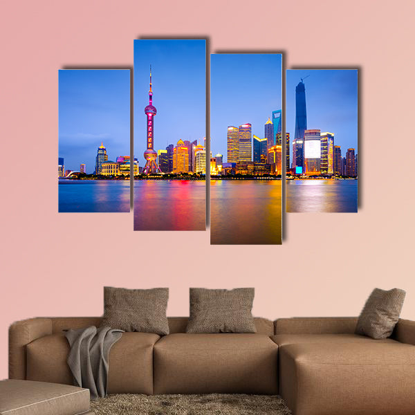 Shanghai, China city skyline on the Huangpu River multi panel canvas wall art