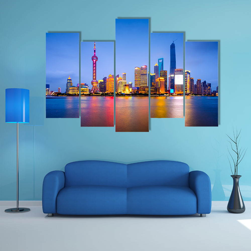 Shanghai, China city skyline on the Huangpu River multi panel canvas wall art