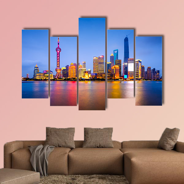 Shanghai, China city skyline on the Huangpu River multi panel canvas wall art