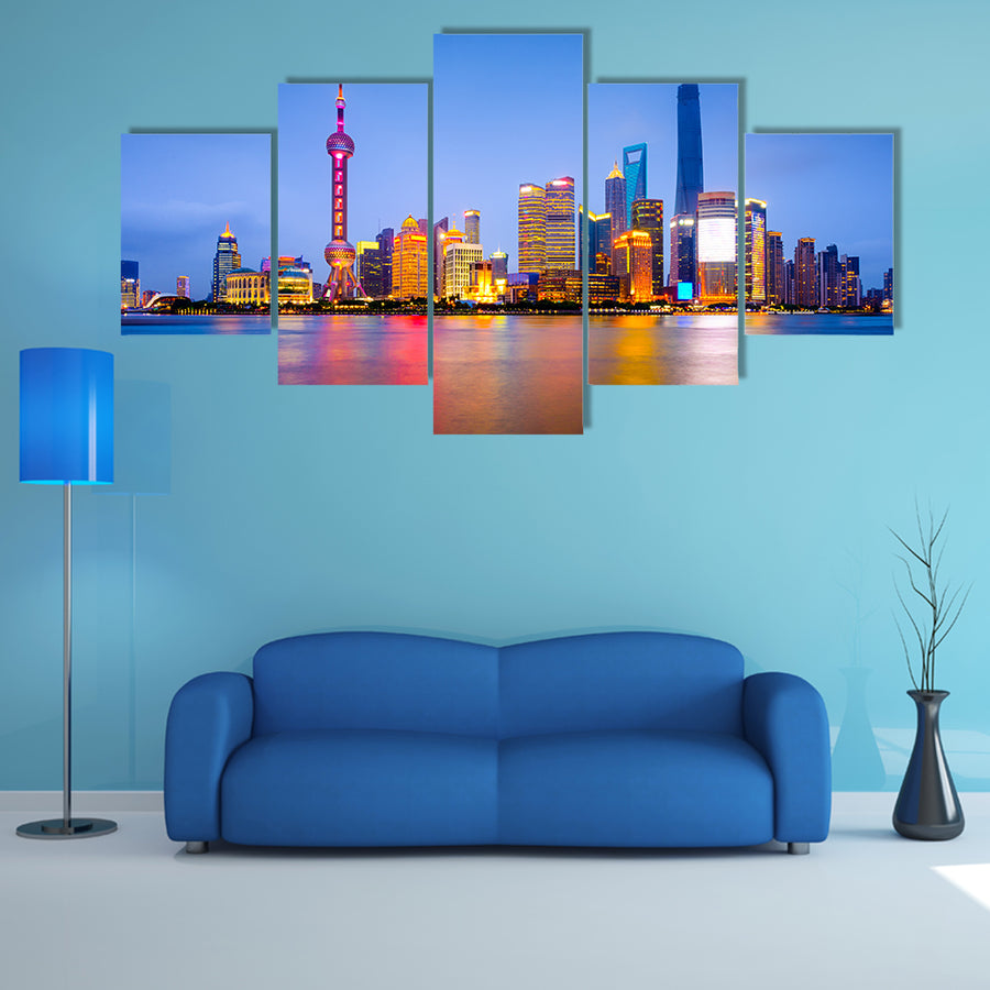 Shanghai, China city skyline on the Huangpu River multi panel canvas wall art