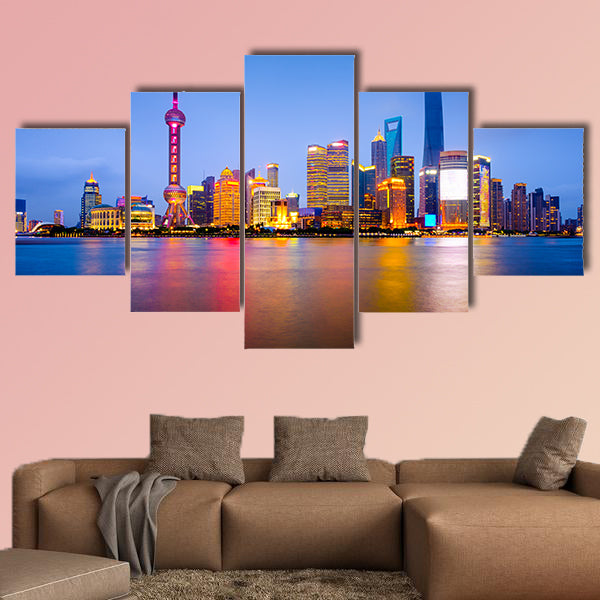 Shanghai, China city skyline on the Huangpu River multi panel canvas wall art