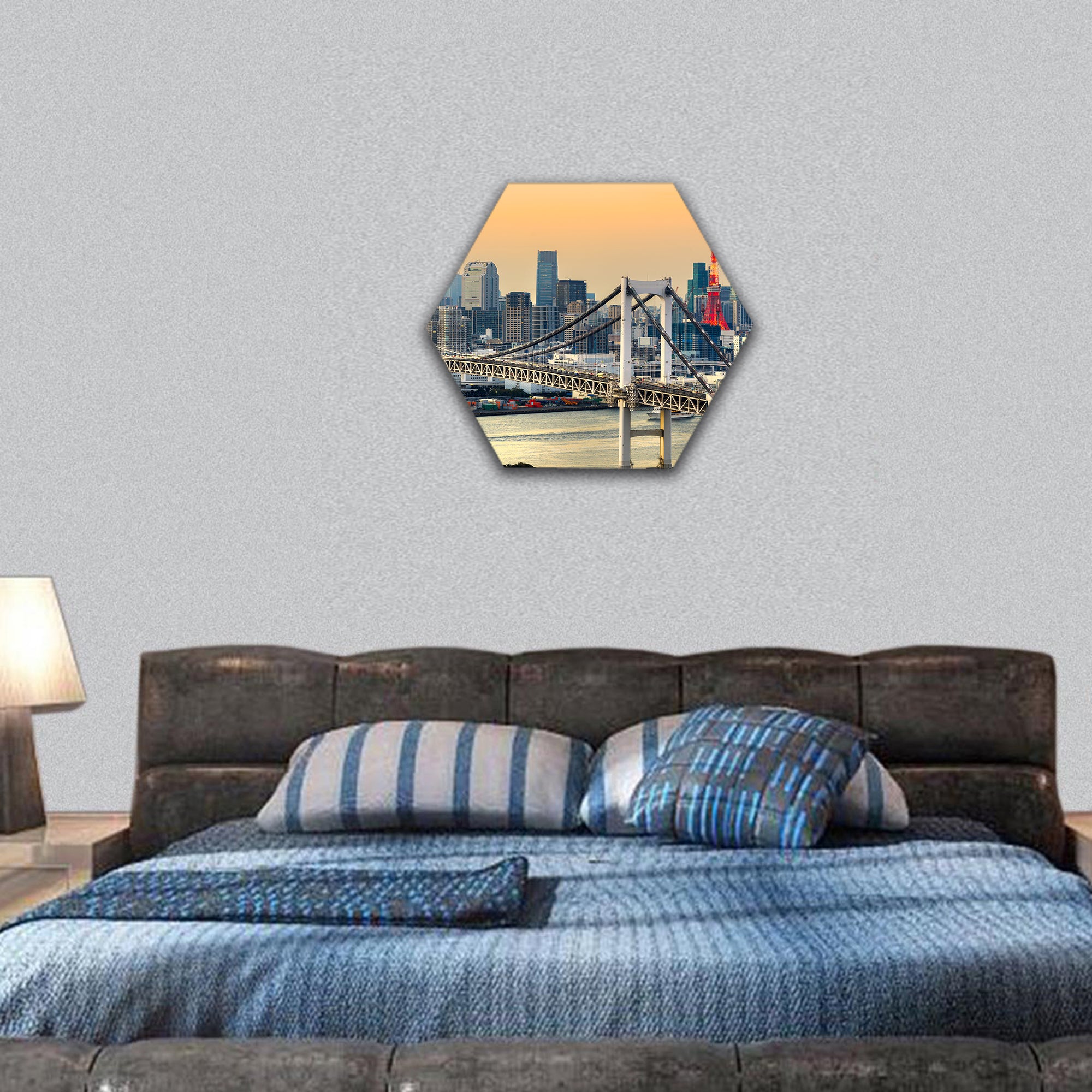Tokyo skyline with Tokyo tower and rainbow bridge hexagonal canvas wall art
