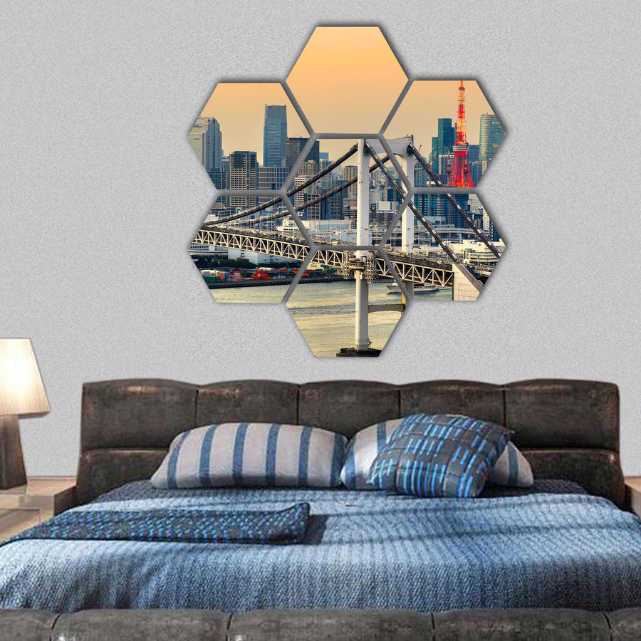 Tokyo skyline with Tokyo tower and rainbow bridge hexagonal canvas wall art