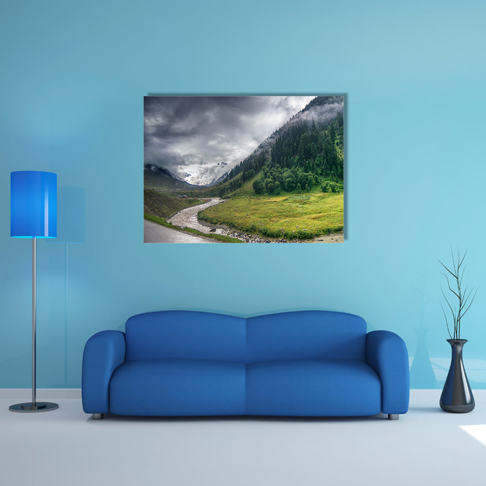 Storm clouds over mountains of ladakh, green valley scenery, Jammu and Kashmir, India multi panel canvas wall art
