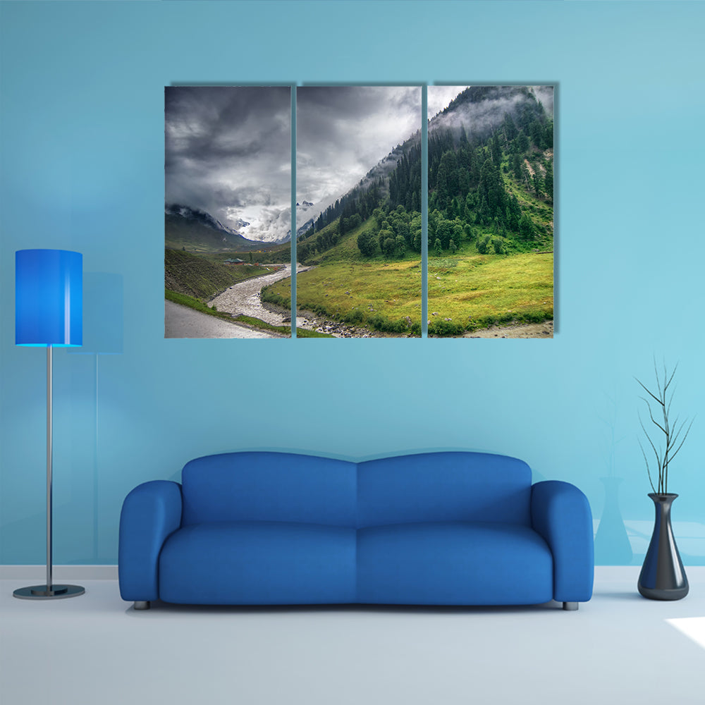 Storm clouds over mountains of ladakh, green valley scenery, Jammu and Kashmir, India multi panel canvas wall art