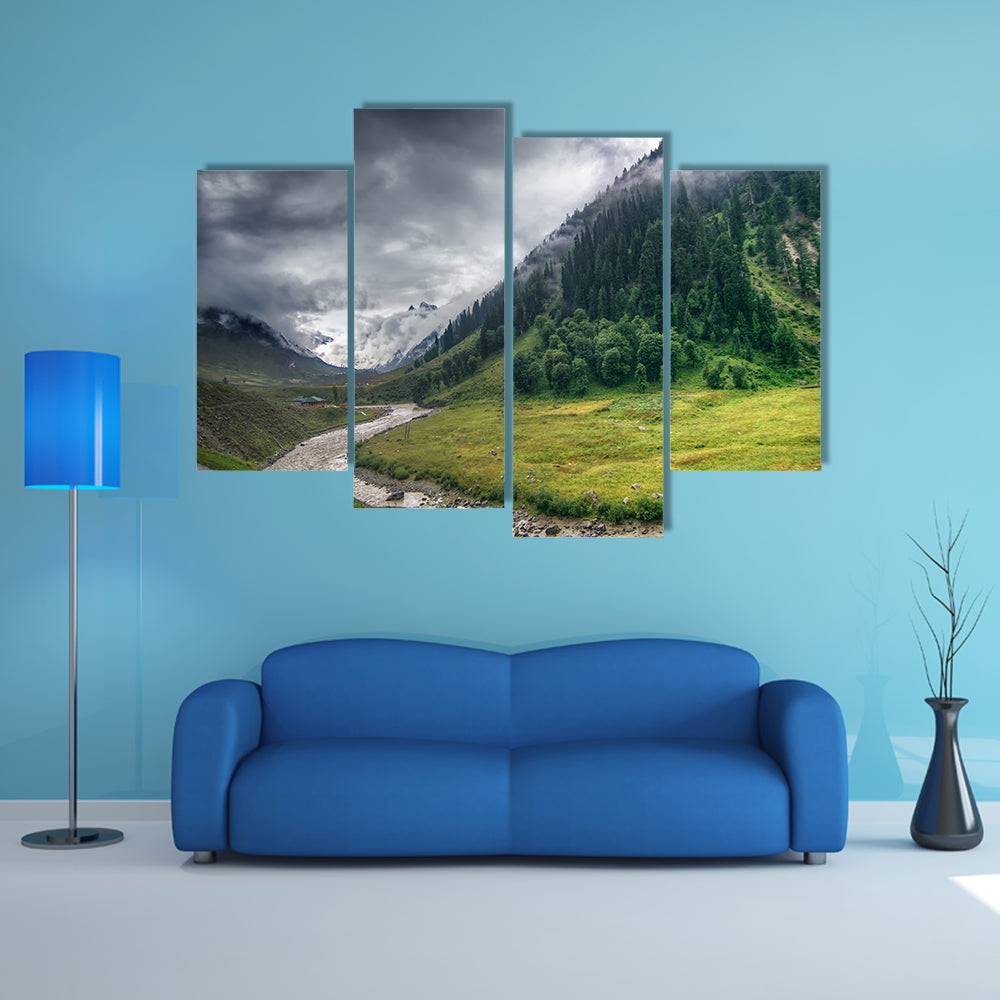 Storm clouds over mountains of ladakh, green valley scenery, Jammu and Kashmir, India multi panel canvas wall art