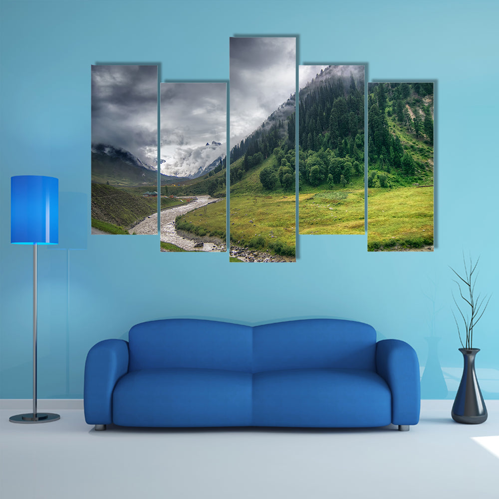 Storm clouds over mountains of ladakh, green valley scenery, Jammu and Kashmir, India multi panel canvas wall art