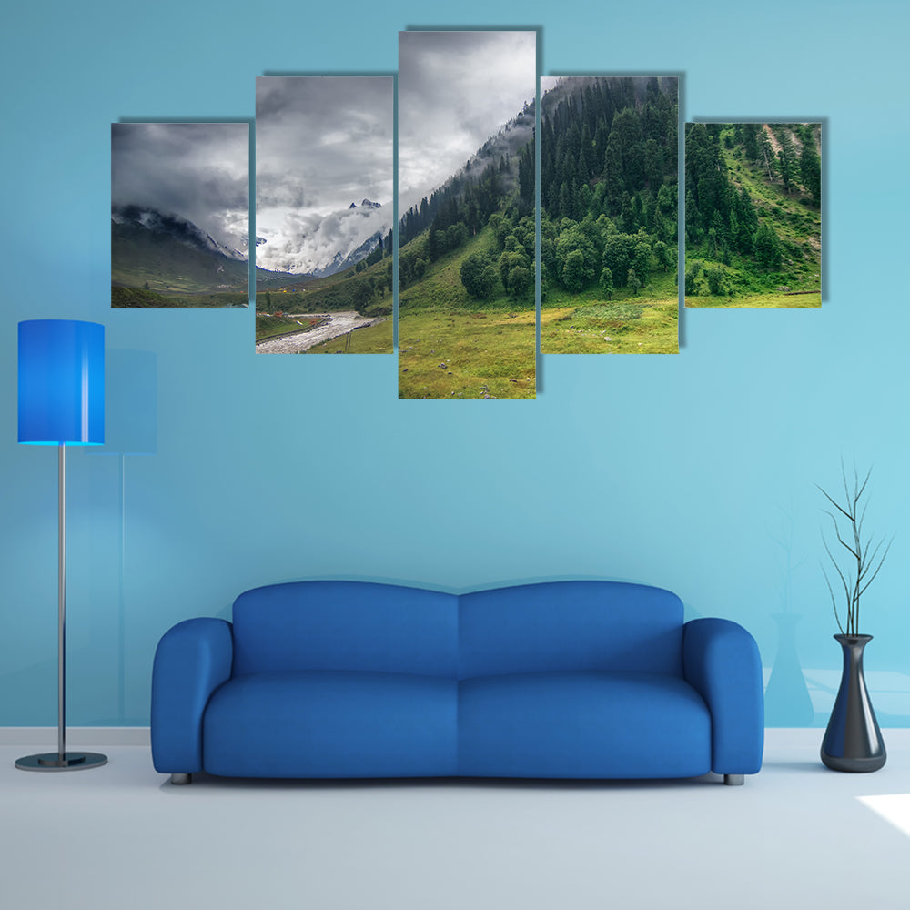 Storm clouds over mountains of ladakh, green valley scenery, Jammu and Kashmir, India multi panel canvas wall art